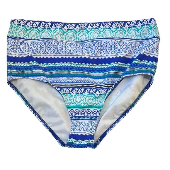 Lands End New Womens High-Waist Bikini Bottom Blue White Green Size 10 - Picture 1 of 7